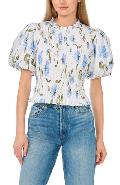 Ted Baker Floral Smocked Puff Sleeve Top In White