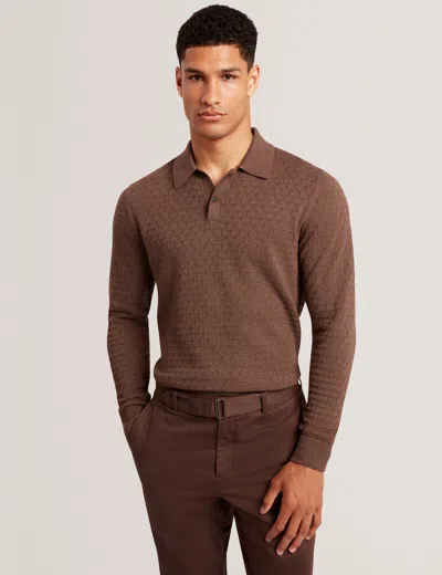 Ted Baker Gaten Branded Texture Knit Long Sleeve Polo In Brown