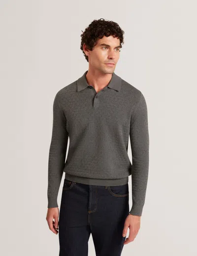 Ted Baker Gaten Branded Texture Knit Long Sleeve Polo In Charcoal