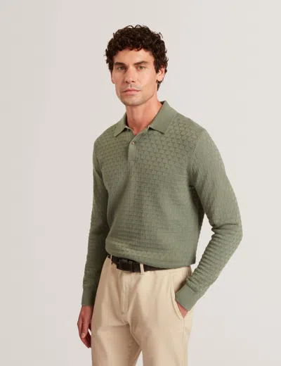 Ted Baker Gaten Branded Texture Knit Long Sleeve Polo In Green