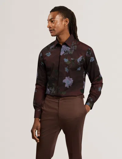 Ted Baker Hadwin Relaxed Painted Floral Cotton Shirt In Maroon