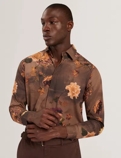 Ted Baker Hadwin Relaxed Painted Floral Cotton Shirt In Olive