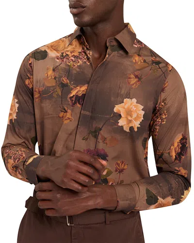 Ted Baker Hadwin Relaxed Painted Floral Print Shirt In Brown