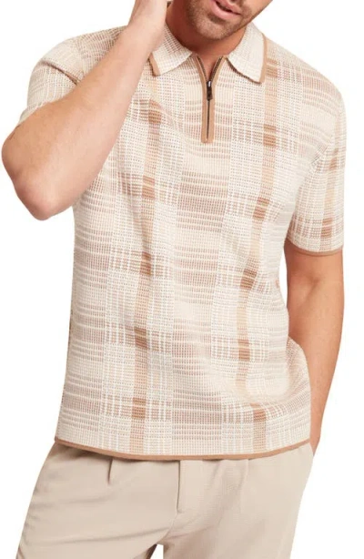 Ted Baker Halpirt Short Sleeve Check Stitch Zip Neck Polo In Brown