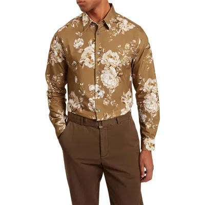 Ted Baker Henlley Floral Long Sleeve Button Up Shirt In Brown