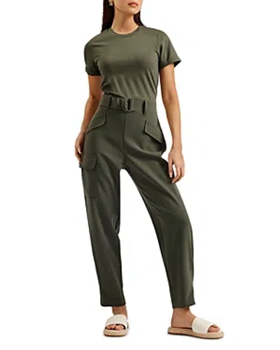 Ted Baker High Rise Belted Tapered Cargo Jumpsuit In Khaki