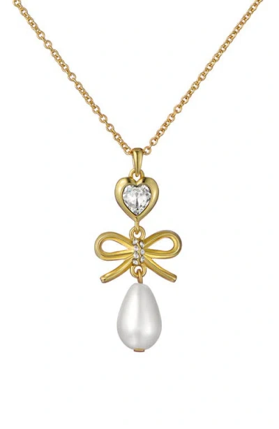 Ted Baker Imogen Icon Charm Heart Bow Faux Pearl Drop Pendant Necklace In Gold