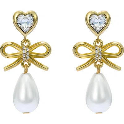 Ted Baker Ivy Icon Charm Heart Bow Faux Pearl Drop Earrings In Gold