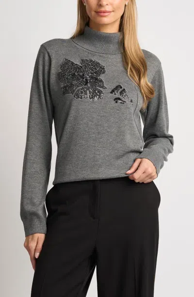 Ted Baker Julia Sequin Floral Mock Neck Sweater In Gray