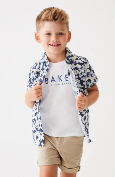 Ted Baker Kids' Graphic T-shirt & Floral Short Sleeve Snap-up Overshirt Set In Blue