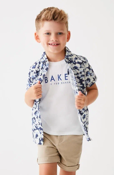 Ted Baker Baker By  Kids' Graphic T-shirt & Floral Short Sleeve Snap-up Overshirt Set In Blue