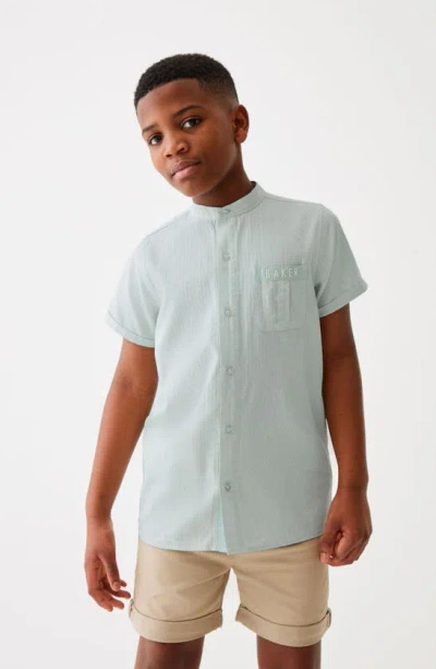 Ted Baker Kids' Short Sleeve Band Collar Cotton Button-up Shirt In Green