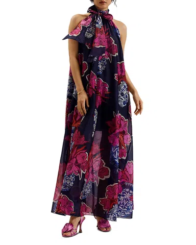 Ted Baker Kinosei Organza Tie Neck Halter Maxi Dress In Dark Blue