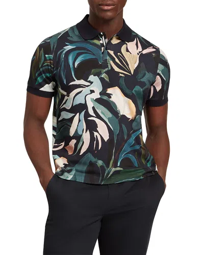 Ted Baker Kivem Floral Print Pure Cotton Polo Shirt In Black