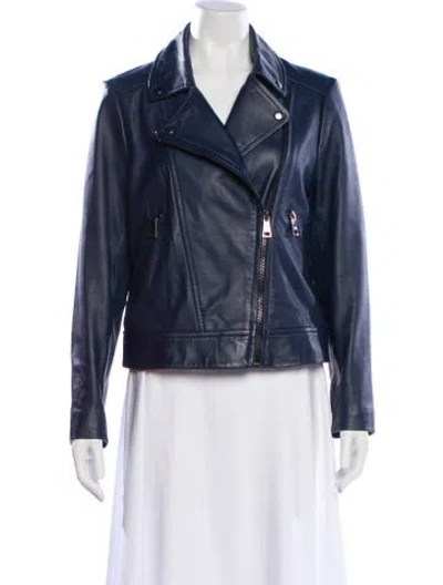 Pre-owned Ted Baker Leather Biker Jacket In Blue