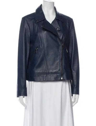 Pre-owned Ted Baker Leather Biker Jacket In Blue