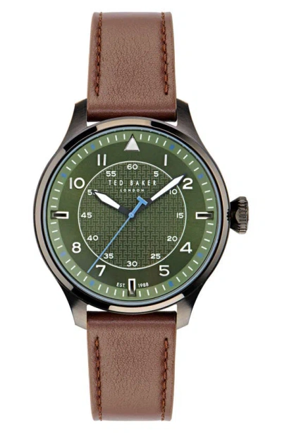 Ted Baker Leather Strap Watch, 20mm In Brown/ Green