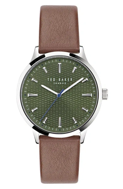 Ted Baker London Leather Strap Watch, 20mm In Brown/green