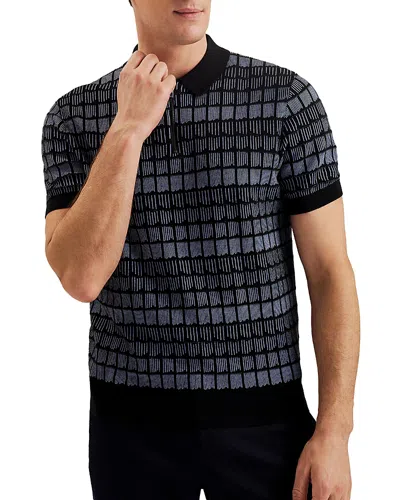 Ted Baker Levers Quarter Zip Jacquard Polo Shirt In Black