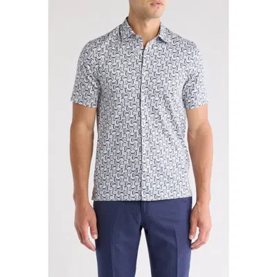 Ted Baker London Astun Regular Fit Geometric Print Stretch Short Sleeve Button-up Shirt In Grey