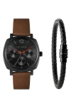 Ted Baker London Caine Leather Strap Watch & Bracelet Set, 42mm In Black/black/brown