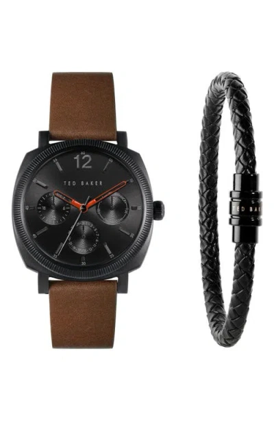 Ted Baker London Caine Leather Strap Watch & Bracelet Set, 42mm In Black/black/brown
