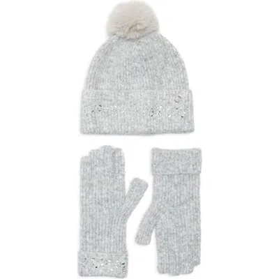 Ted Baker London Crystal Faux Fur Pompom Beanie & Scarf Box Set In Gray