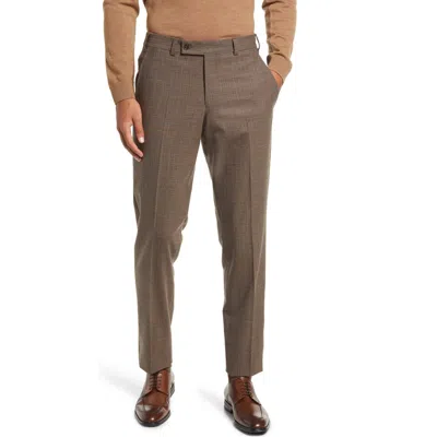 Ted Baker London Jerome Check Flat Front Stretch Wool Dress Pants In Brown