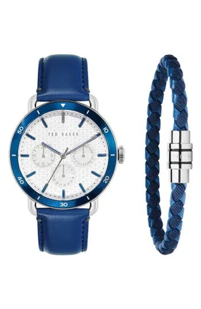 Ted Baker London Magarit Multifunction Leather Strap Watch & Bracelet Set, 46mm In Blue