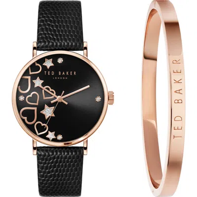 Ted Baker London Phylipa Leather Strap Watch & Bangle Bracelet Set, 34mm In Rose Gold/black/black