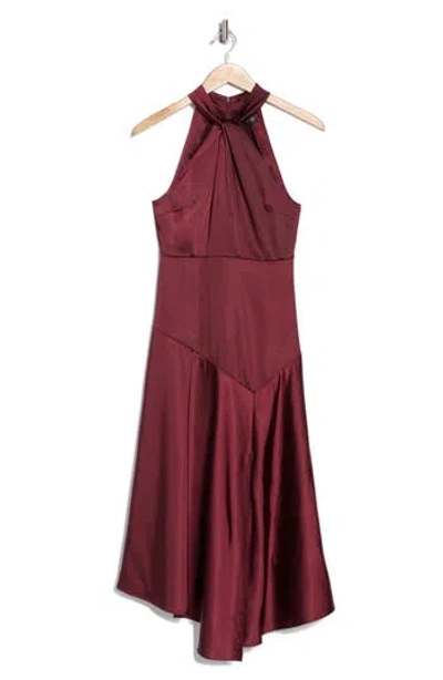 halter dress scarf Glam Agenda Satin Asymmetrical Halter Drape Scarf Maxi Dress L / merlot