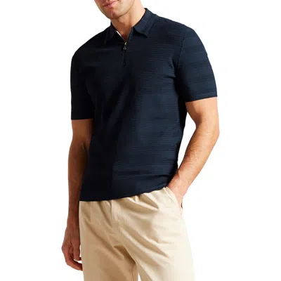 Ted Baker Mens Navy Stree Half-zip Textured Stretch-knit Polo Shirt In Blue