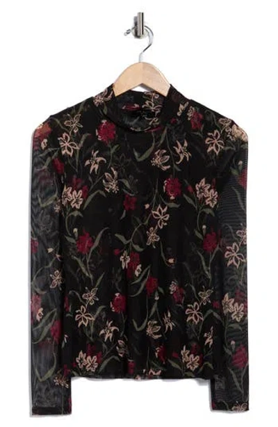 Ted Baker Long Sleeve Printed Mesh Mock Neck Top In Black