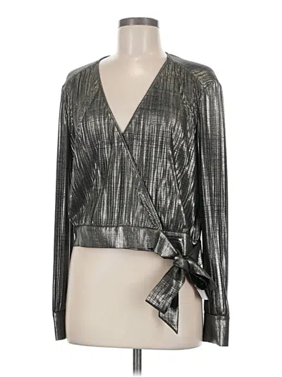 Pre-owned Ted Baker Long Sleeve Top Silver Metallic Pattern Plunge Neckline Tops