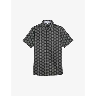 Ted Baker Mens Black Pearsho Geometric-print Stretch-cotton Shirt