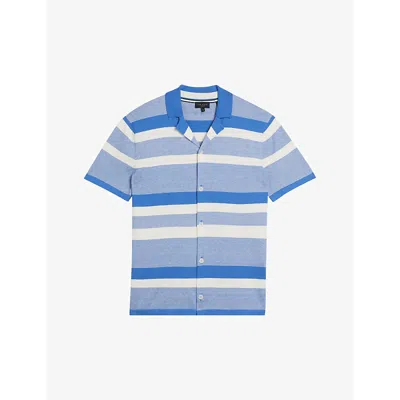Ted Baker Mens Blue Ako Striped Short-sleeve Knitted Cotton And Cashmere-blend Shirt