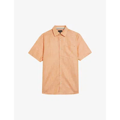 Ted Baker Mens Dk-orange Palomas Regular-fit Short-sleeve Linen And Cotton-blend Shirt