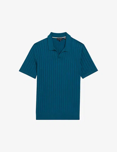 Ted Baker Mens Teal-blue Botany Striped-knit Cotton-blend Polo Shirt