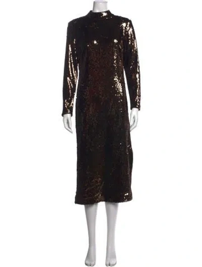 Pre-owned Ted Baker Mock Neck Midi Length Dress In Brown/metallic