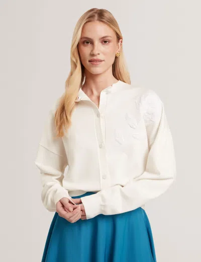 Ted Baker Neslie Applique Rose Crew Neck Cardigan In White