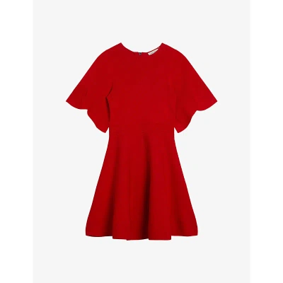 Ted Baker Womens Red Oliviha Fluted-sleeve Ribbed Stretch-knit Mini Dress