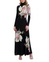 Ted Baker Placed Floral Turtleneck Long Sleeve Maxi Dress In Black