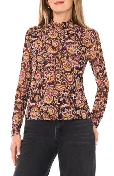Ted Baker Paisley Mock Neck Long Sleeve Mesh Top In Brown