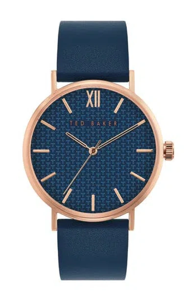 Ted Baker Phlipa Gents Leather Strap Watch, 43mm In Rose Gold/blue/blue