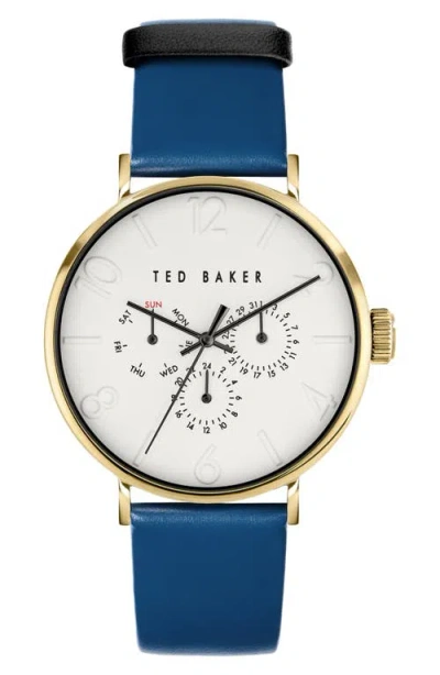 Ted Baker Phylipa Gents Leather Strap Watch, 41mm In Gold/white/blue
