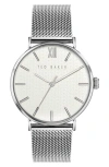 Ted Baker Phylipa Gents Mesh Strap Watch, 43mm In Silver/white/silver