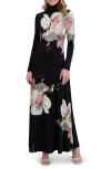 Ted Baker Placed Floral Turtleneck Long Sleeve Maxi Dress In Black