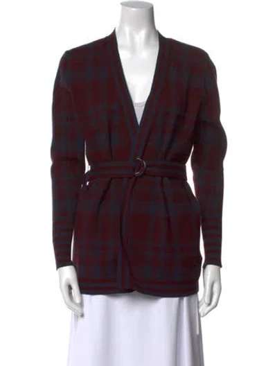 Pre-owned Ted Baker Plaid Print V-neck Sweater In Burgundy