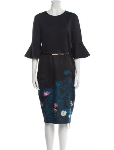 Pre-owned Ted Baker Printed Midi Length Dress In Black