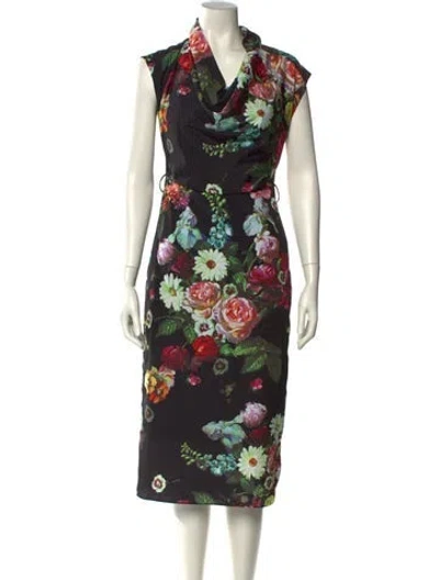 Pre-owned Ted Baker Printed Midi Length Dress In Black